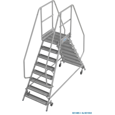 Jezdny podest roboczy, z dwustronnym wejściem, 2x8 stopnie R13, barierki 110 cm